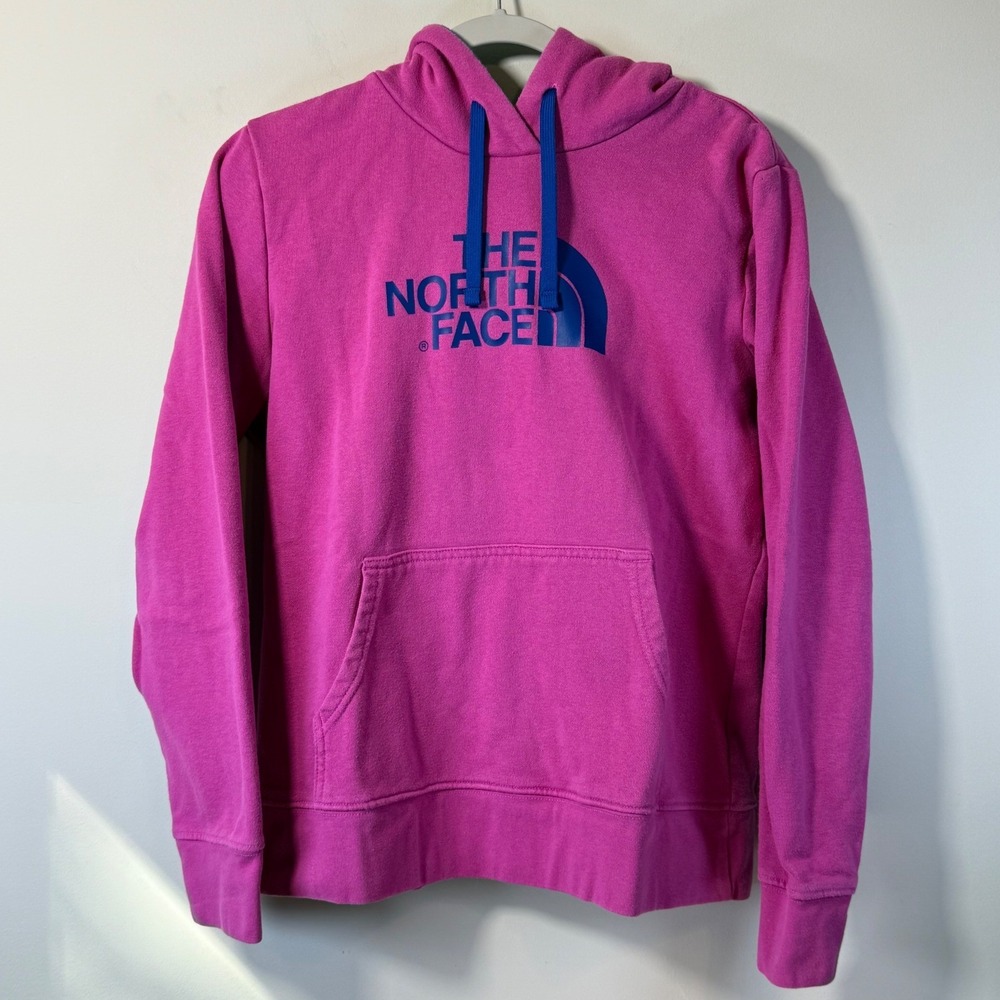 The North Face Hoodie Womens Lg Pink Blue Sporty Pullover Logo Hooded Sweatshirt